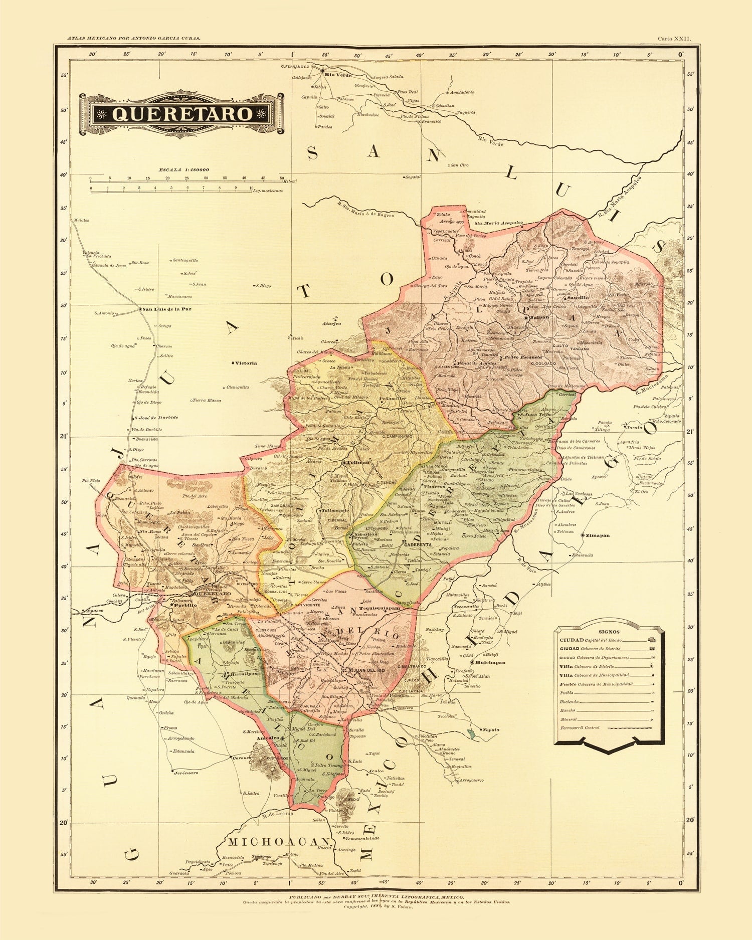Vintage Map of Queretaro Mexico, 1886