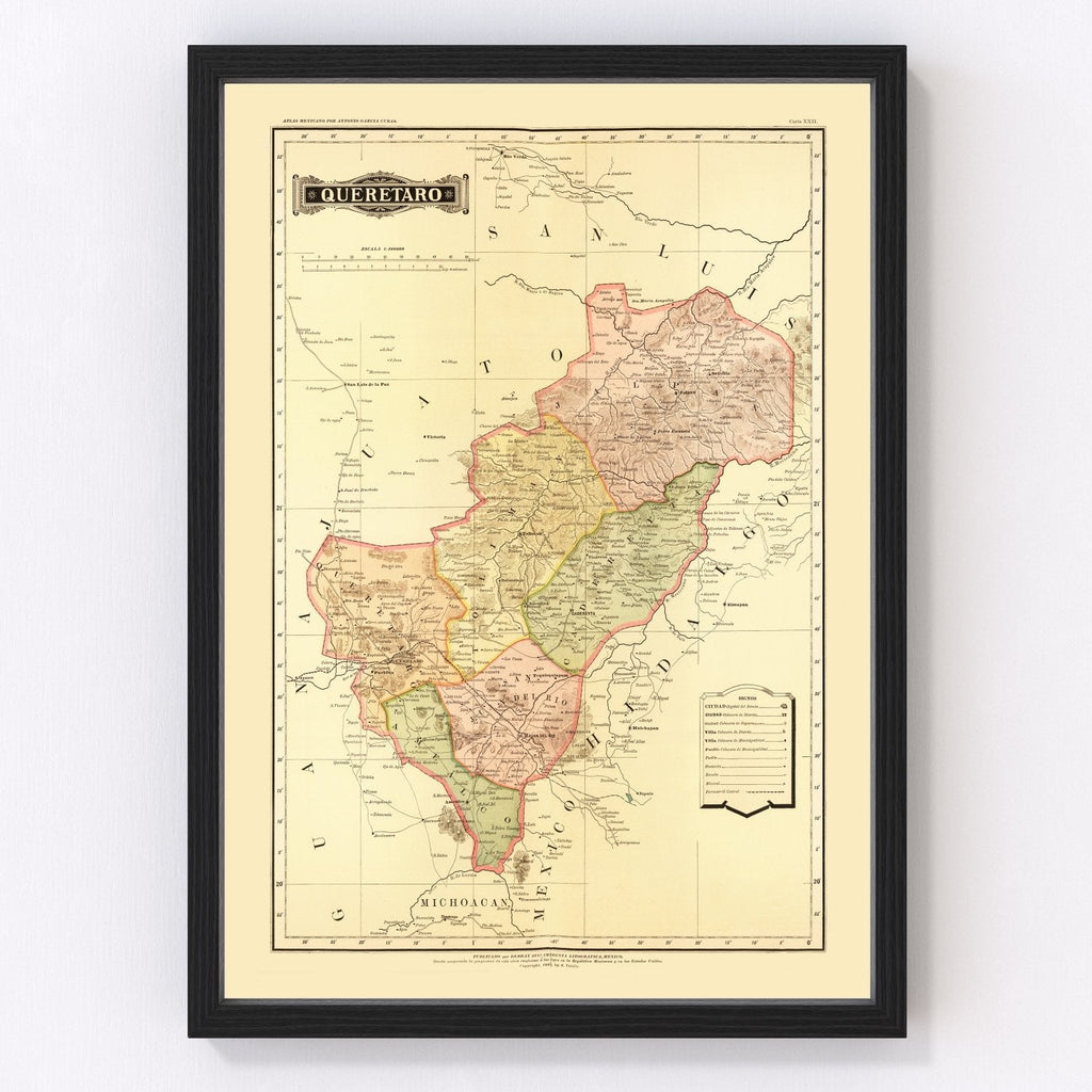 Vintage Map of Queretaro Mexico, 1886