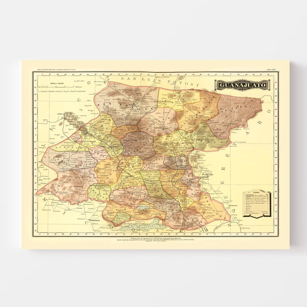 Vintage Map of Guanajuato Mexico, 1886