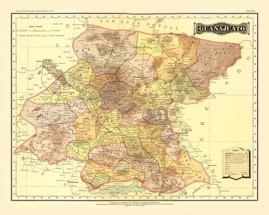 Vintage Map of Guanajuato Mexico, 1886