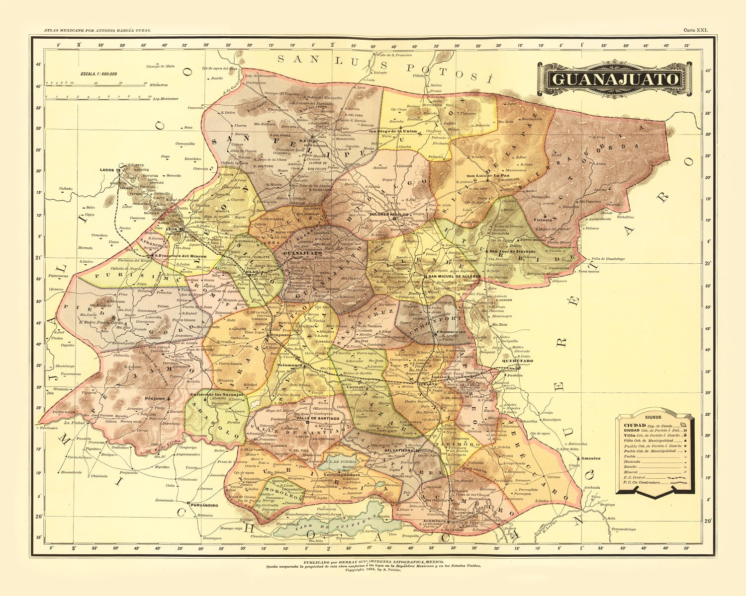 Vintage Map of Guanajuato Mexico, 1886
