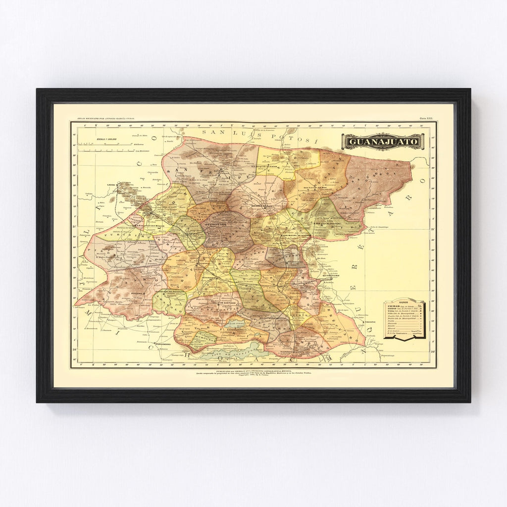 Vintage Map of Guanajuato Mexico, 1886