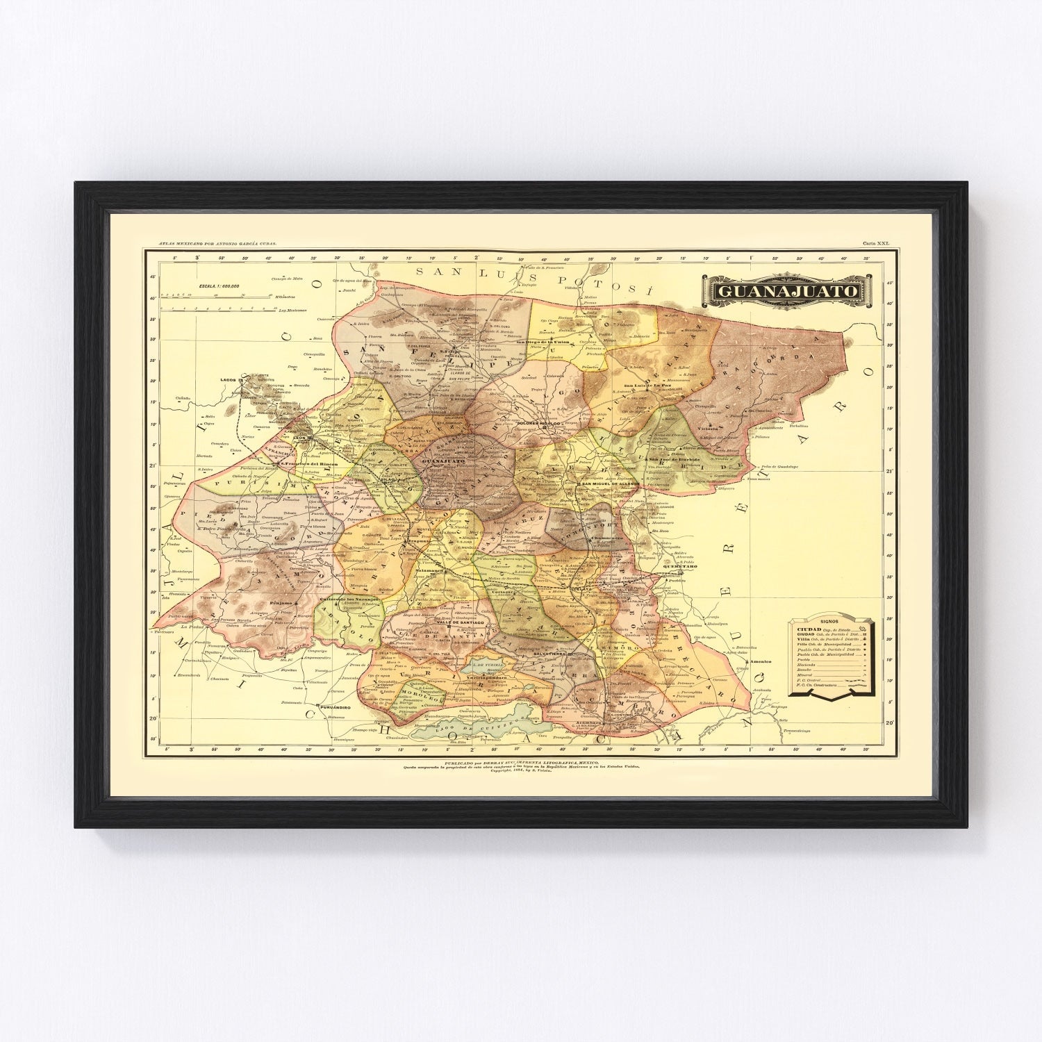 Vintage Map of Guanajuato Mexico, 1886
