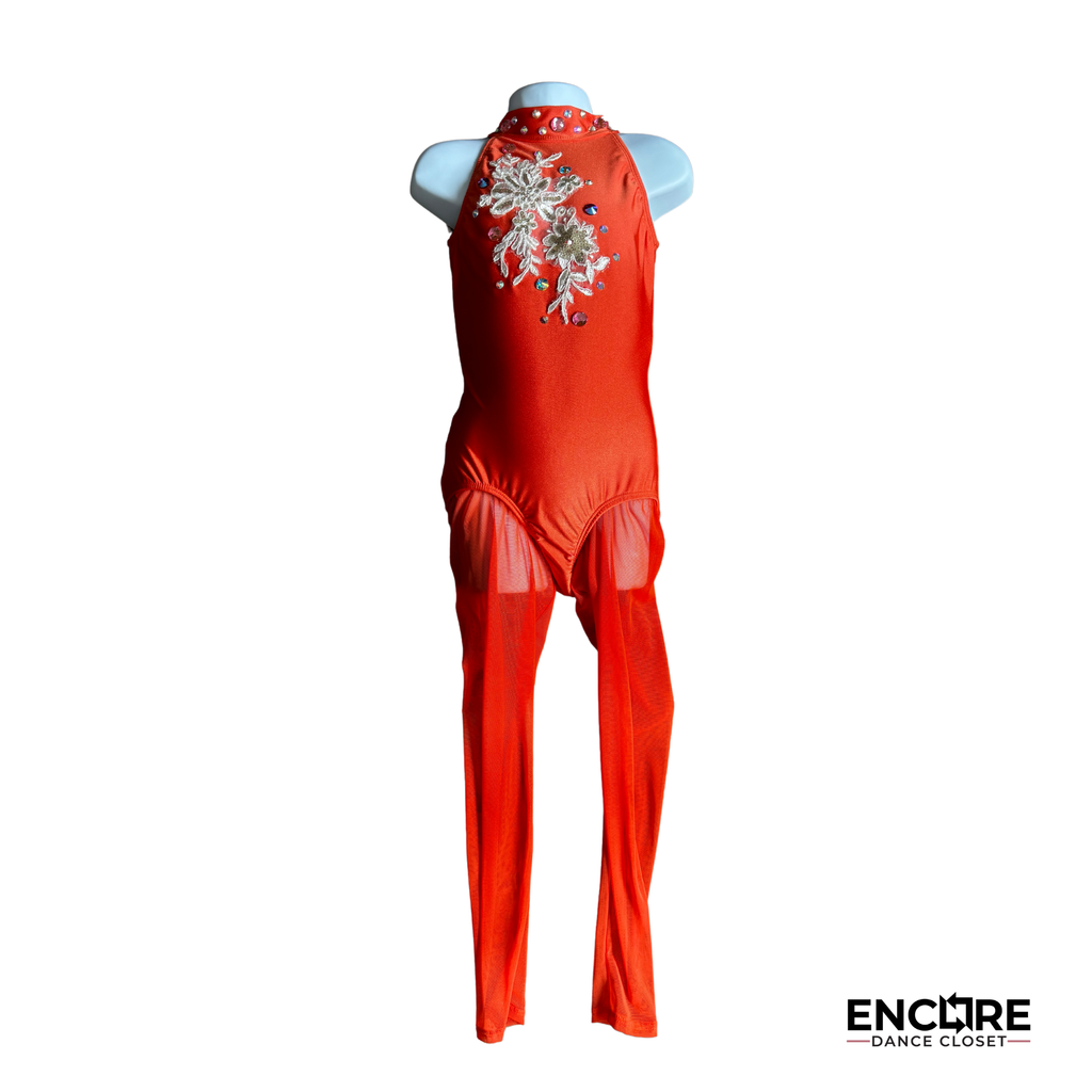 Orange Mesh Unitard with White Appliqué 2