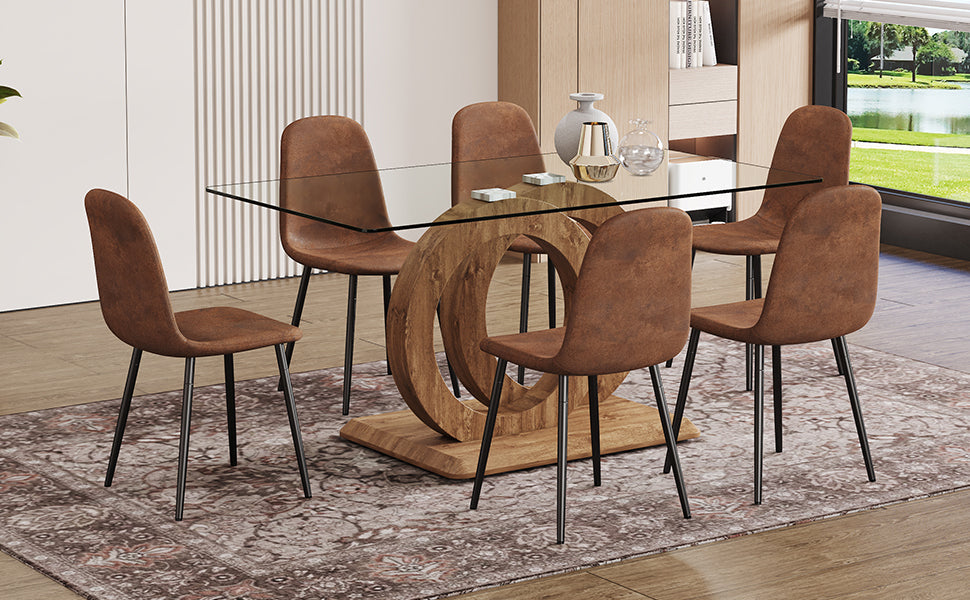 1 table and 6 chairs set.63'x35.4x30' Rectangular Transprant Tempered glass Dining Tabletop with Wood color MDF OC shaped bracket.Paired with 6 brown technology fabric dining chairs.W1151S02013