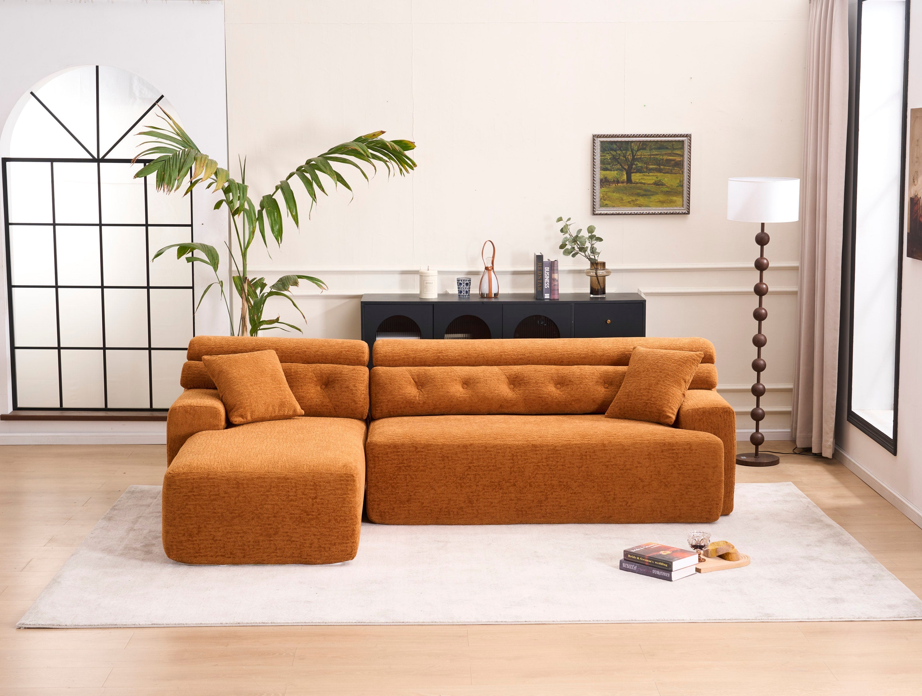LY-029B Convertible Chaise Sectional Sofa, Full Compression Sponge Modular Couch for Apartment Living Room,Orange 3-Seater with Wood Grain Chenille, 2 Pillows Included, 86'L