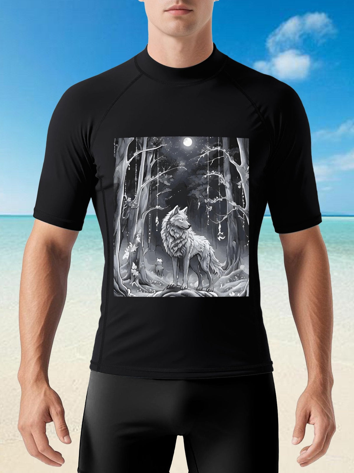 Ethereal Wolf in the Moonlight Men's Short-Sleeve Surfing Top (Front Printing)