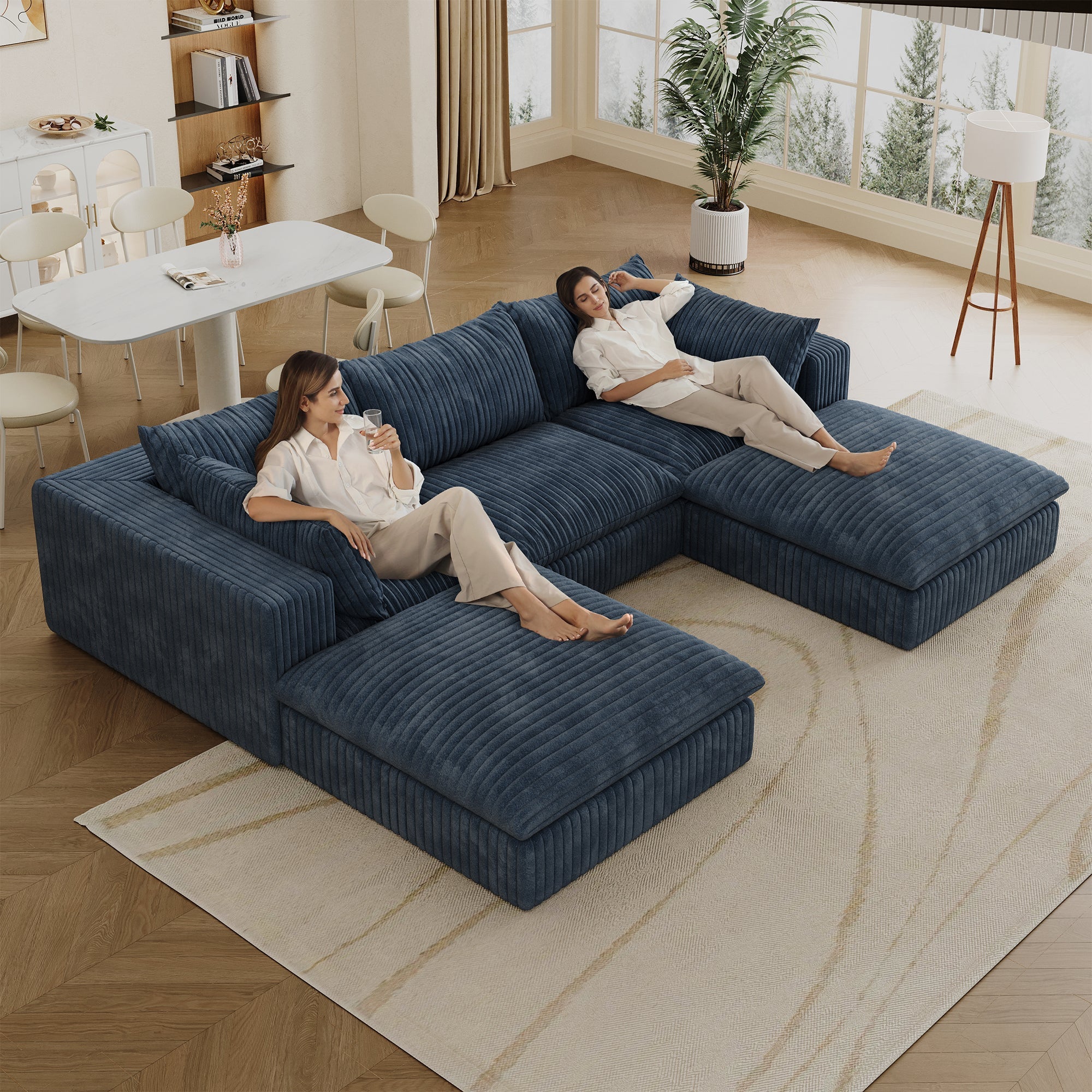 118.2' Cloud Sofa,Corduroy Fabric,Deep Seat Couches,Double-layer design,Removable Cushion,No Assembly, DIY Combination for Living room, Bedroom,Conference room ,Apartment,Blue