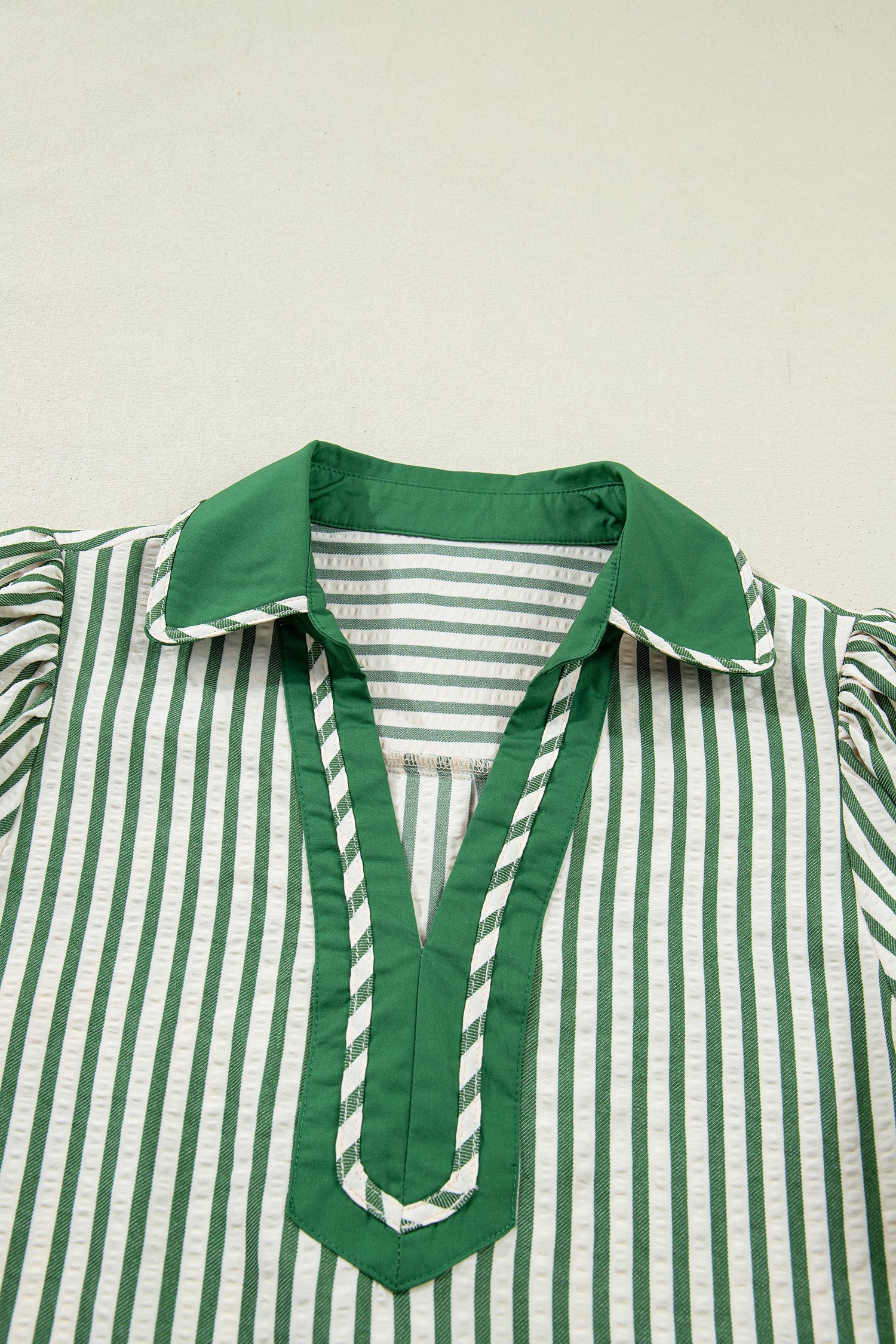 Stripe Collared V-Neck Bubble Sleeve Blouse