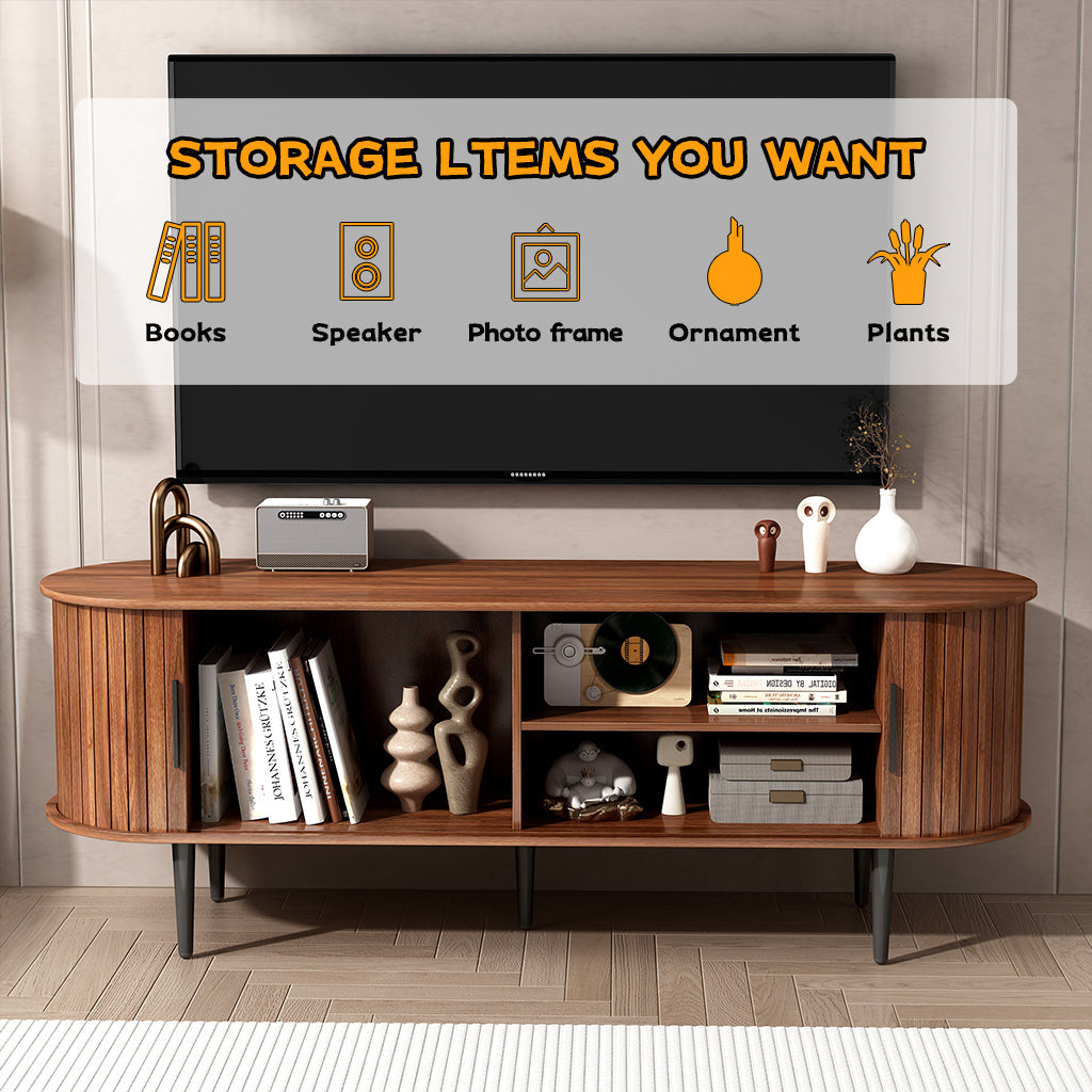 TV Stand, 55' Modern TV Console Table with Storage Compartment and Sliding Door, Gaming Entertainment Center with Cabinet for Living Room, Bedroom, Office (Walnut) BACK-TO-SCHOOL