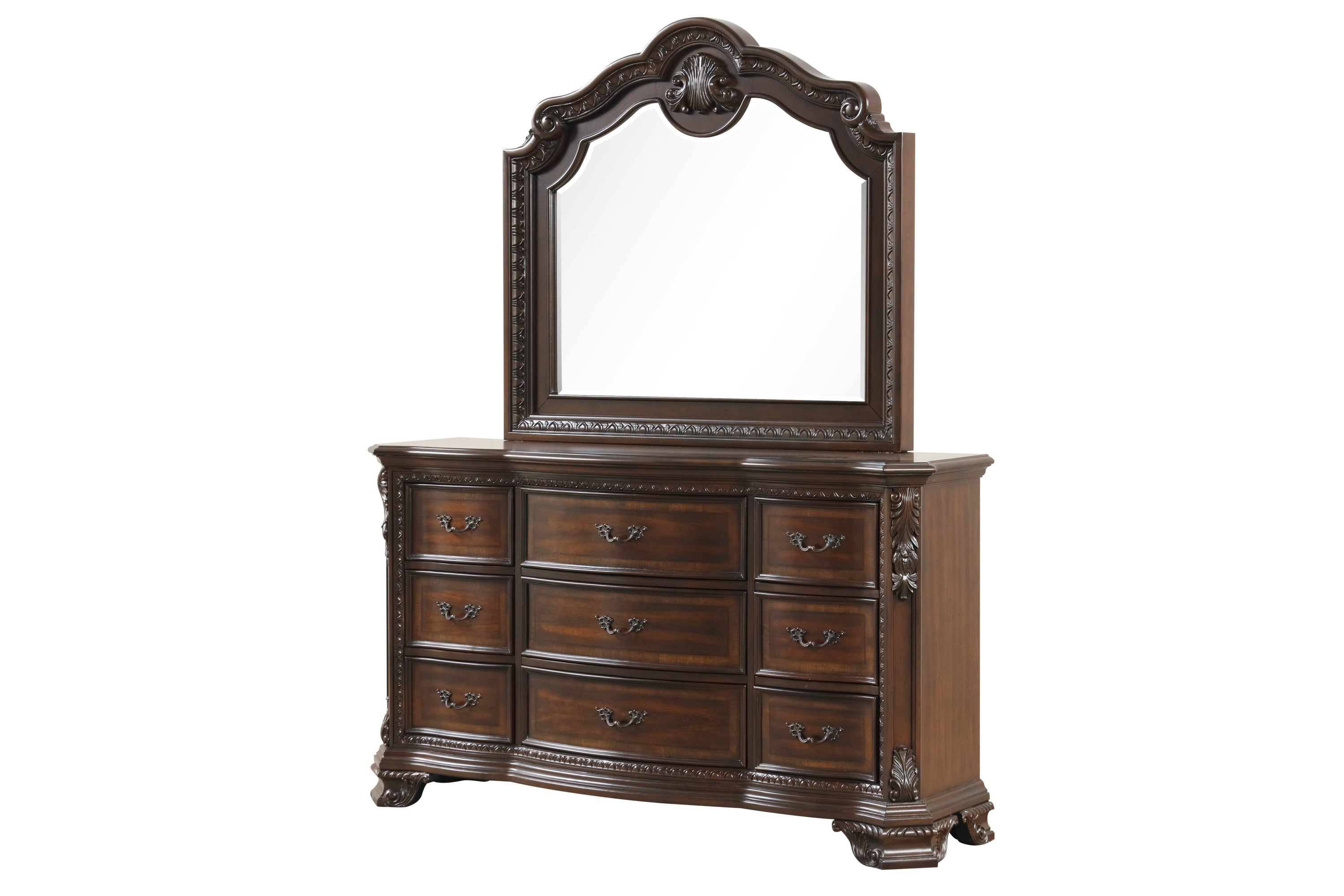 Traditional Style 4 Pc Queen Bedroom Set With Intricate Wood Carvings Made with Wood in Walnut