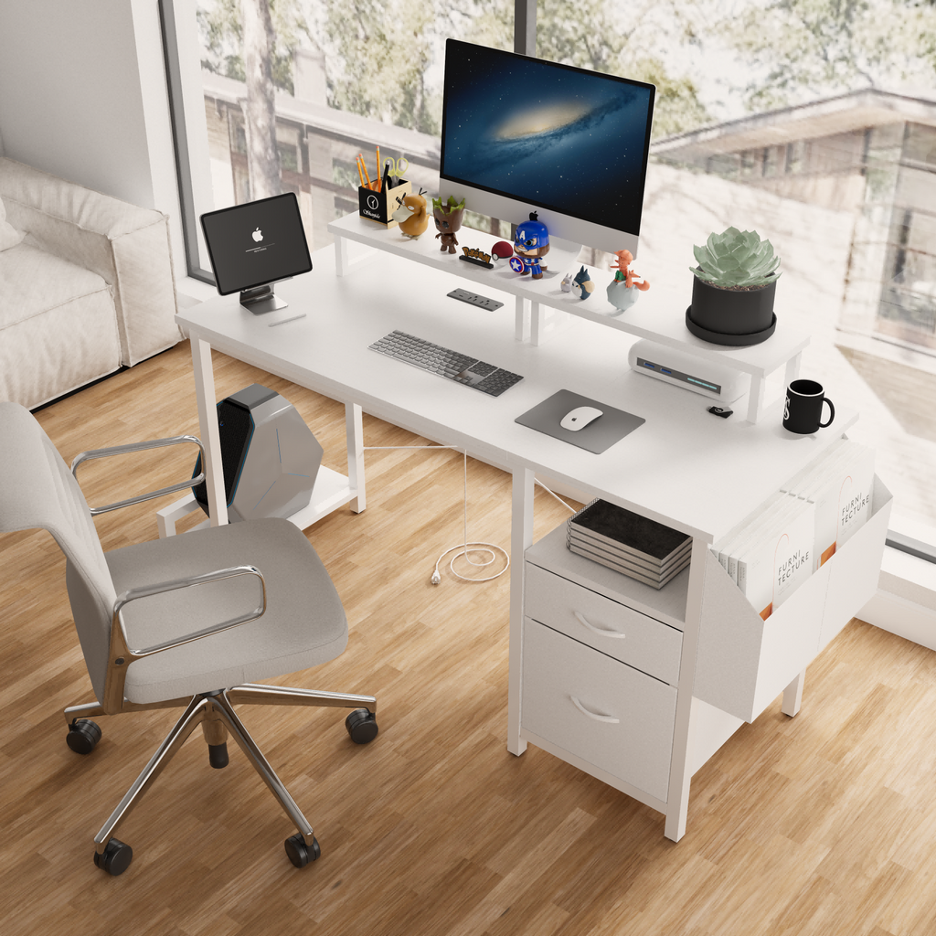 47.3'office desk with power outlet,2 Monitor Stands,2 drawers,Side Pocket,Easy to Assemble,Frame stability Reversible,use for home desk, computer desk, game table,White