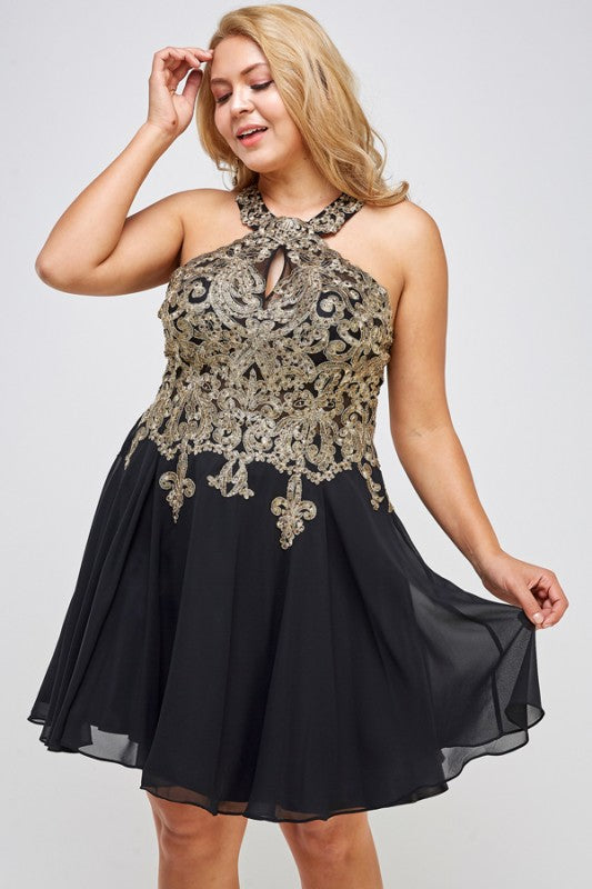 Gold embroidered plus size chiffon dress with built in tulle