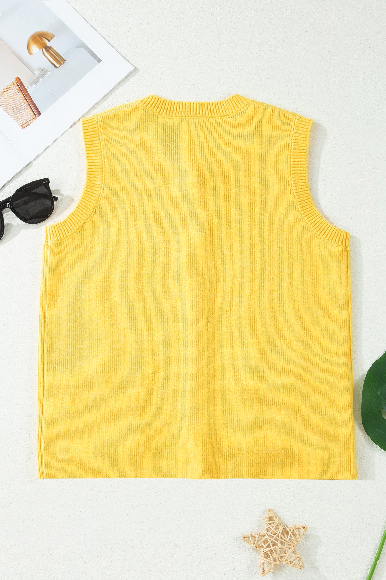 Solid Knit Sleeveless Button Front Pocketed Sweater
