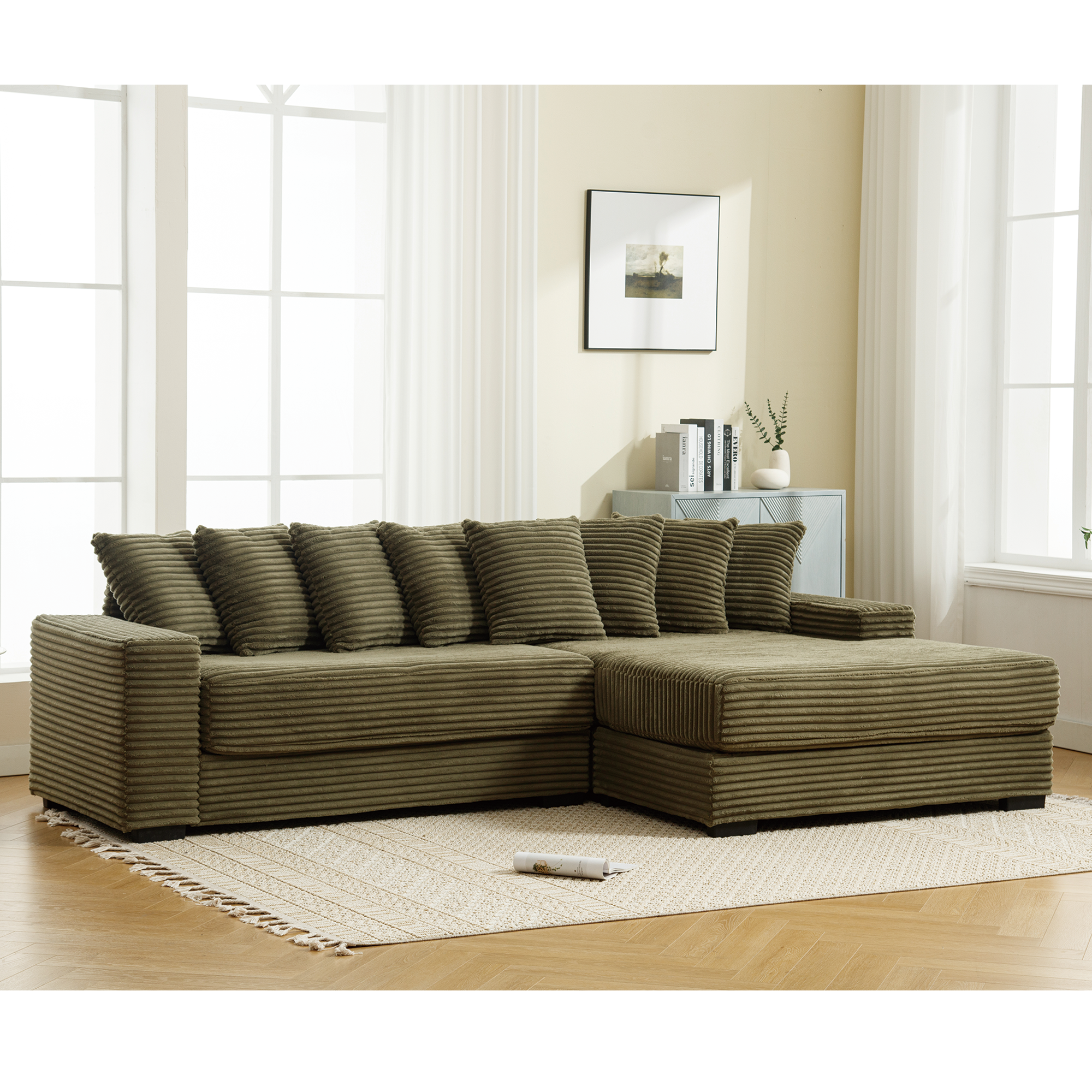 [NEW ARRIVED] [VIDEO PROVIDED] Oversized Two-Piece Couches, L Shaped Sofa, Corduroy, Right Chaise Daybed,with Armrests,Eight Throw Pillows,Corner Sofa,Easy To Assemble, Green