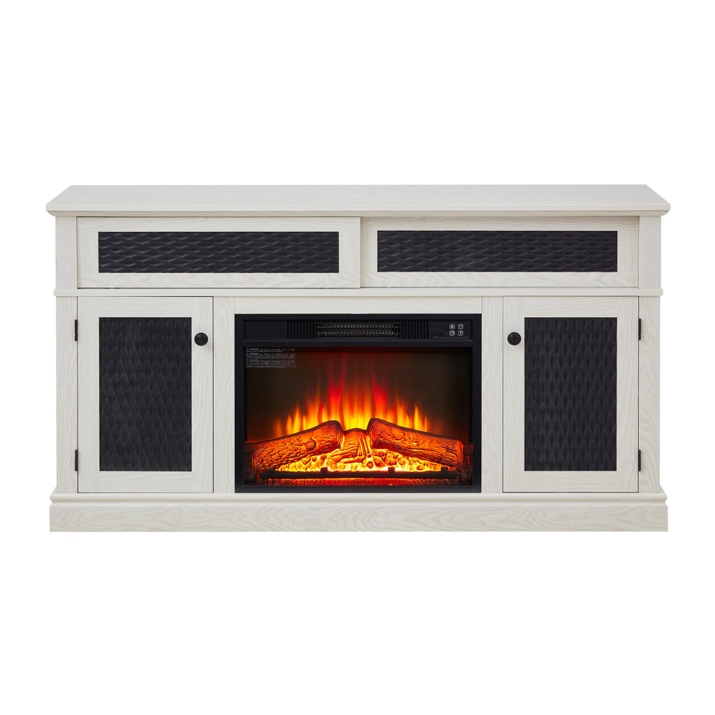 Embossed Pattern TV Stand with 23' fireplace insert,, TV and Media Console with Open and Closed Storage Space and sliding door for Living Room & Bedroom,White, 58.27'W*15.35'W*31.7H