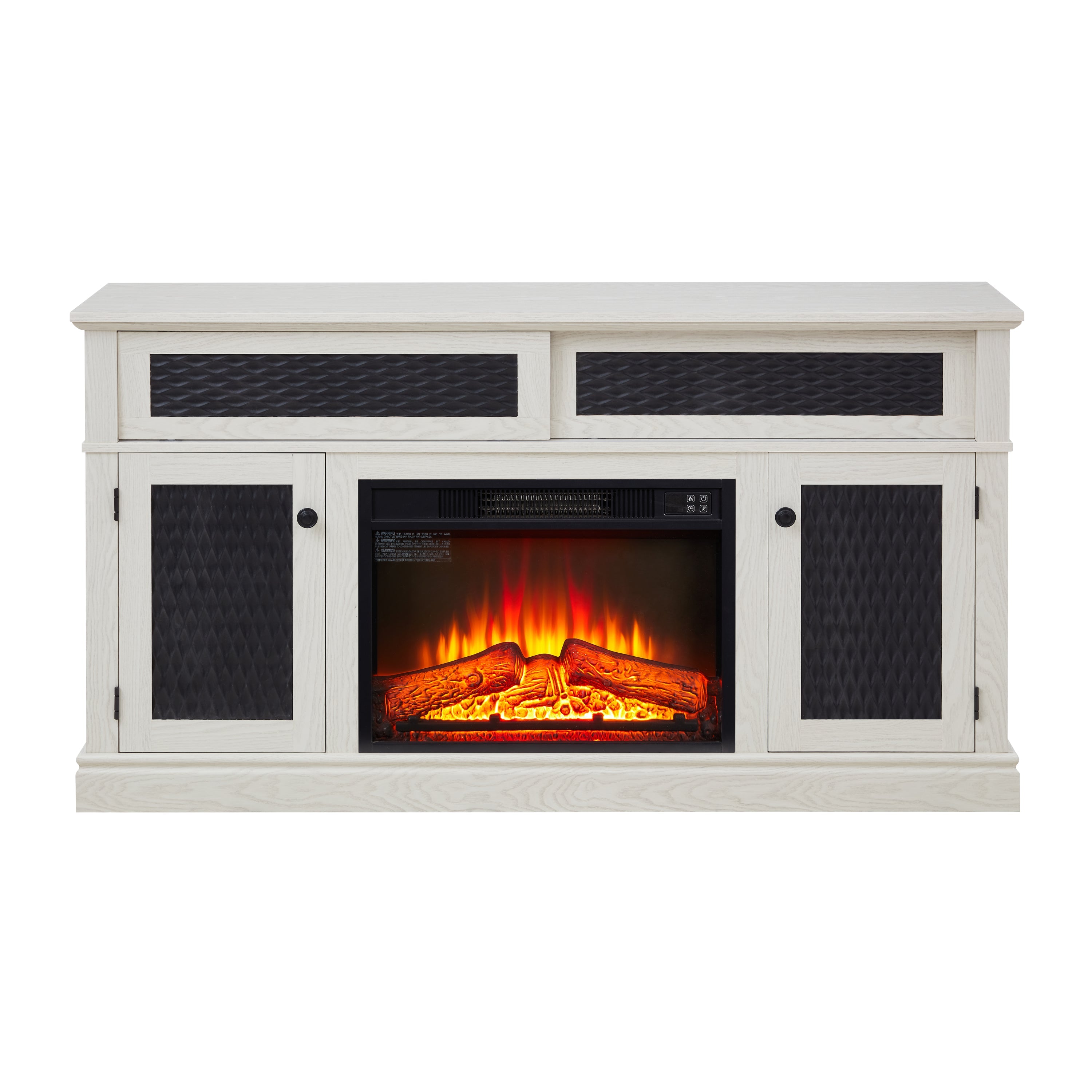 Embossed Pattern TV Stand with 23' fireplace insert,, TV and Media Console with Open and Closed Storage Space and sliding door for Living Room & Bedroom,White, 58.27'W*15.35'W*31.7H