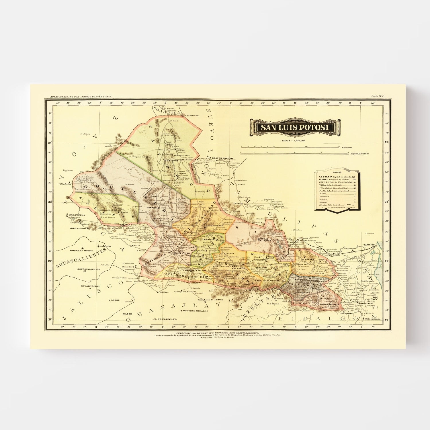 Vintage Map of San Luis Potosi Mexico, 1886