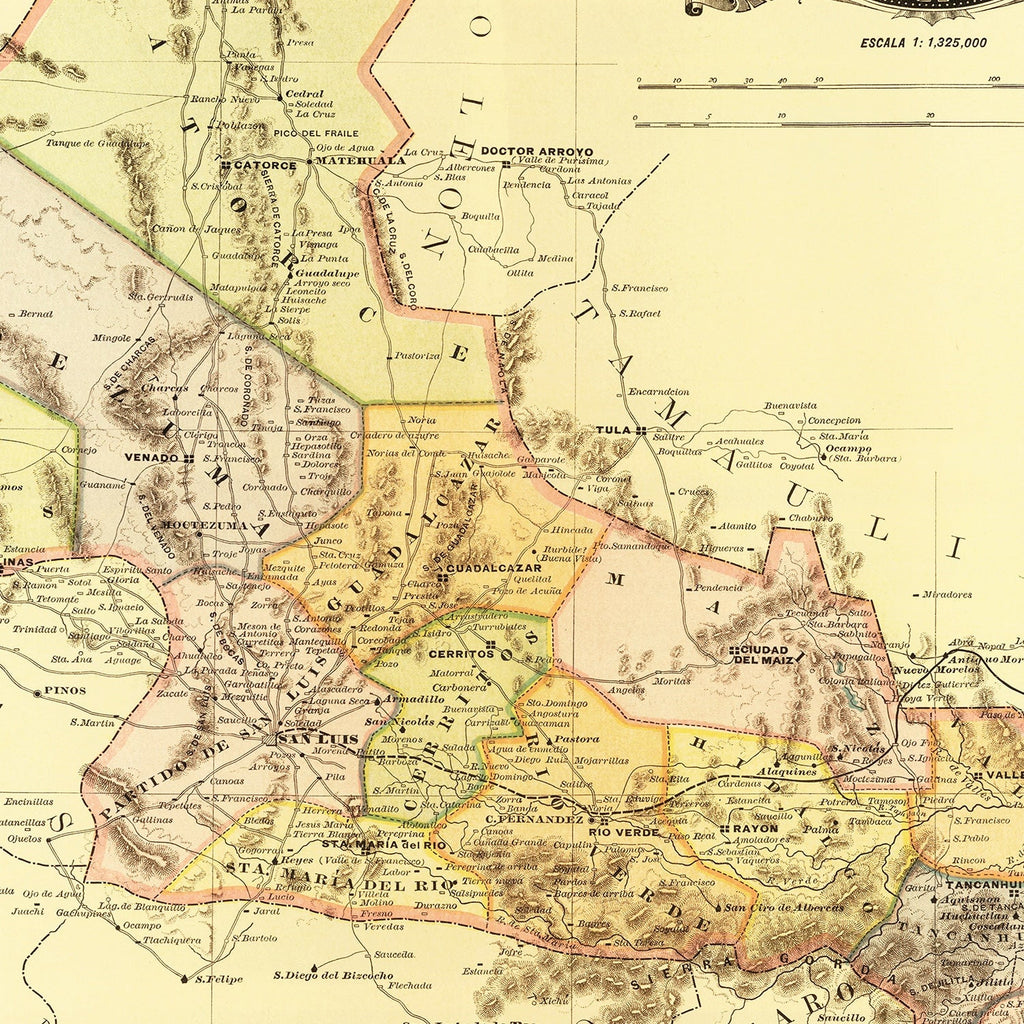 Vintage Map of San Luis Potosi Mexico, 1886