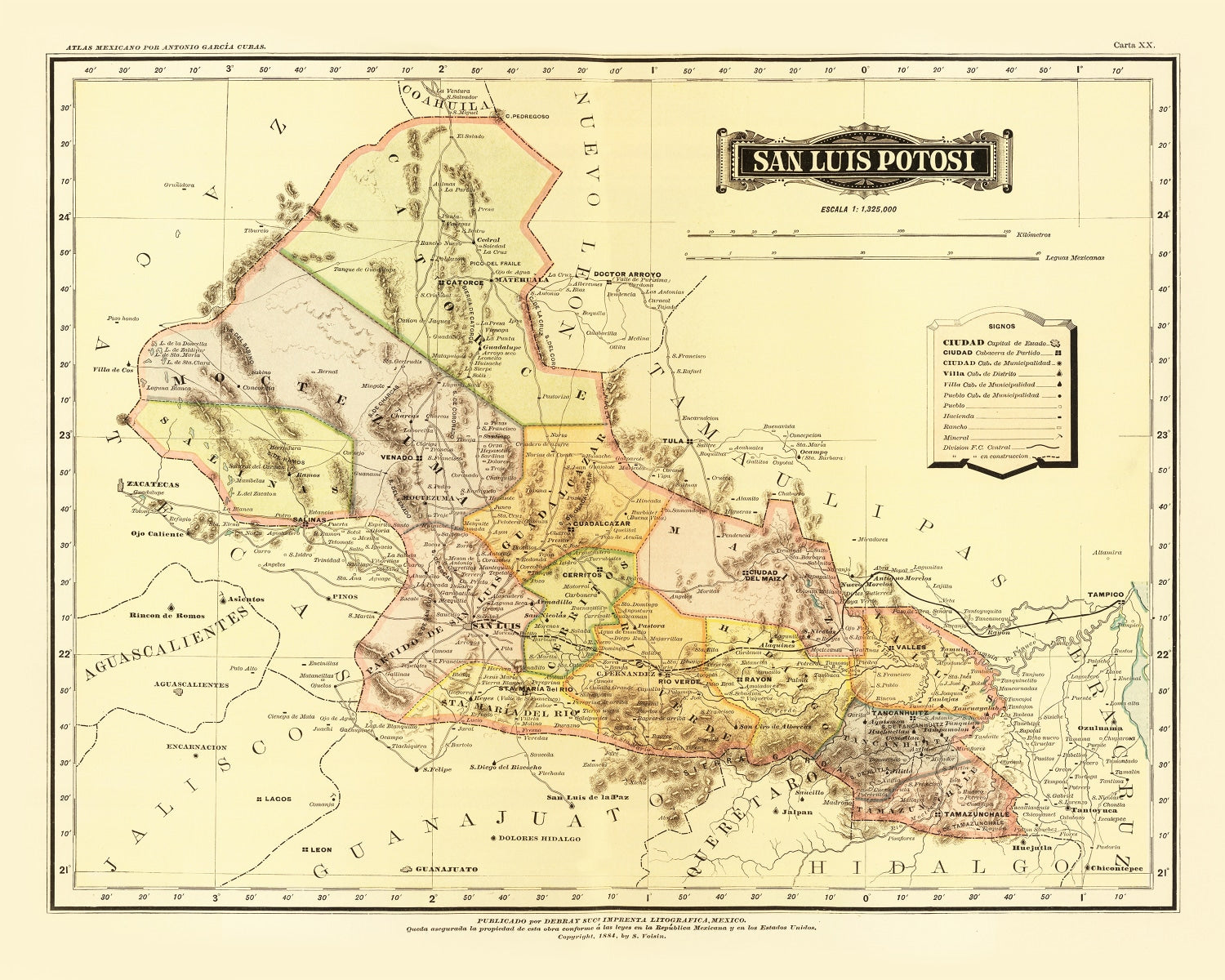 Vintage Map of San Luis Potosi Mexico, 1886