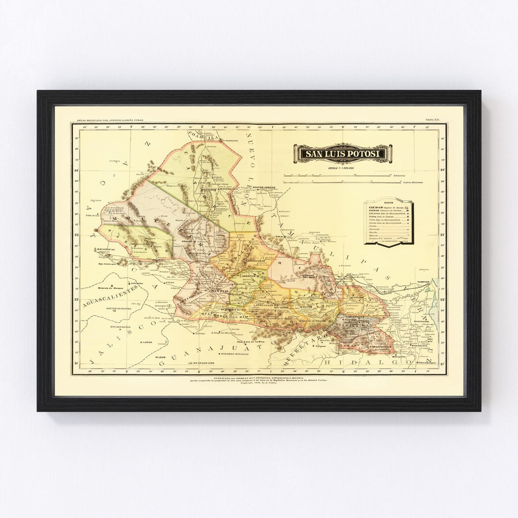 Vintage Map of San Luis Potosi Mexico, 1886