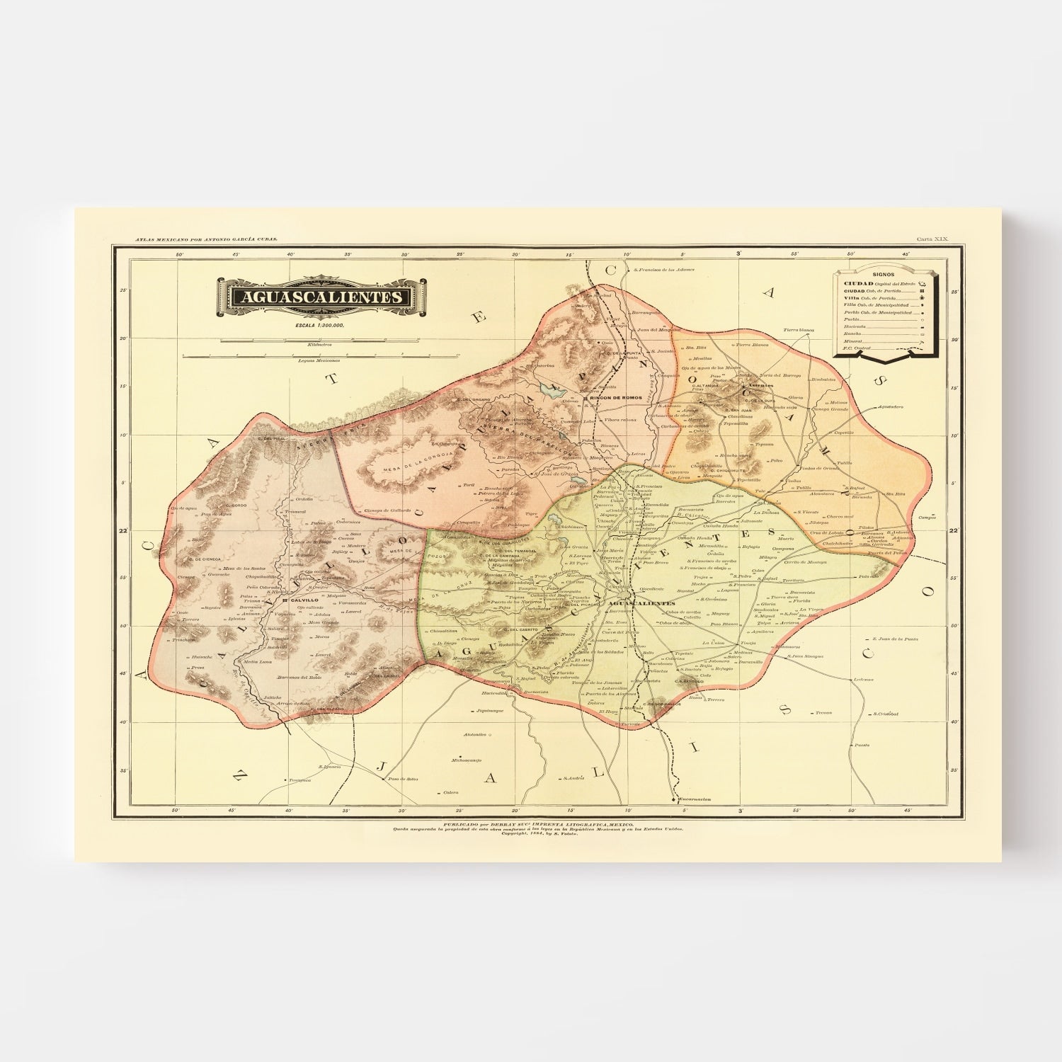 Vintage Map of Aguascalientes Mexico, 1886