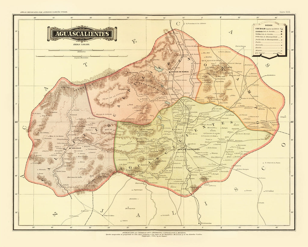 Vintage Map of Aguascalientes Mexico, 1886