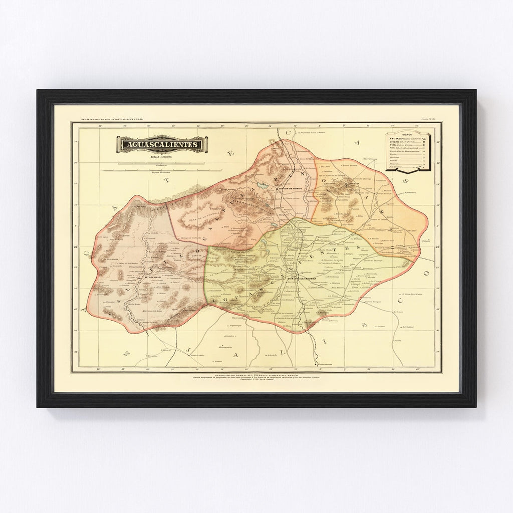 Vintage Map of Aguascalientes Mexico, 1886