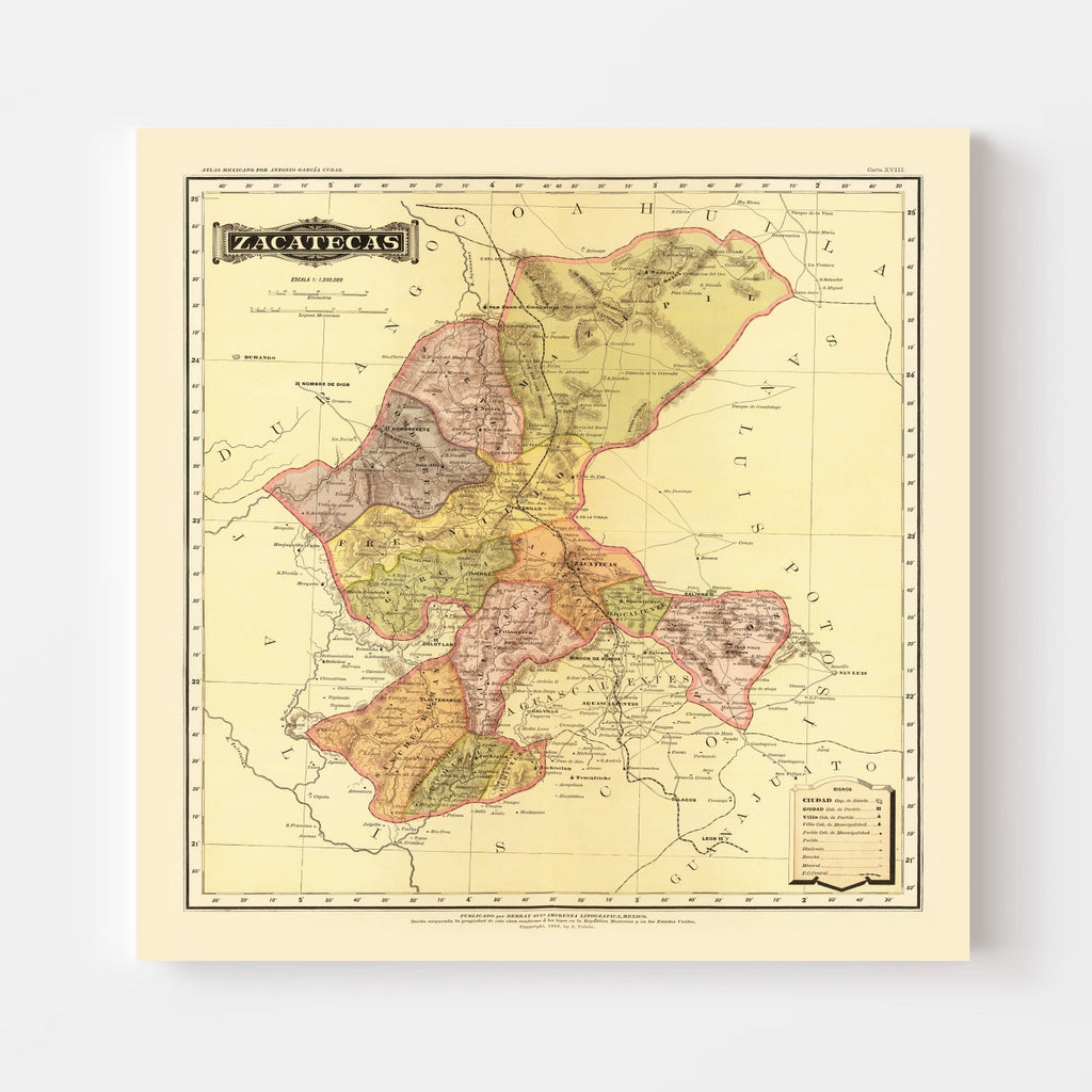 Vintage Map of Zacatecas Mexico, 1886