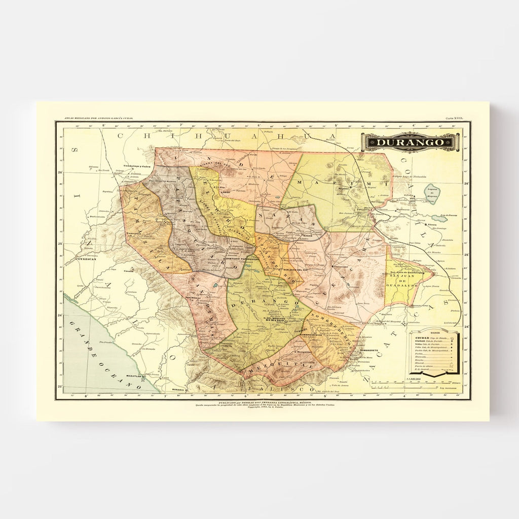 Vintage Map of Durango Mexico, 1886