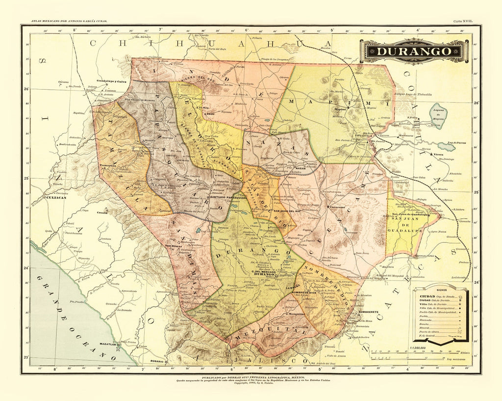 Vintage Map of Durango Mexico, 1886