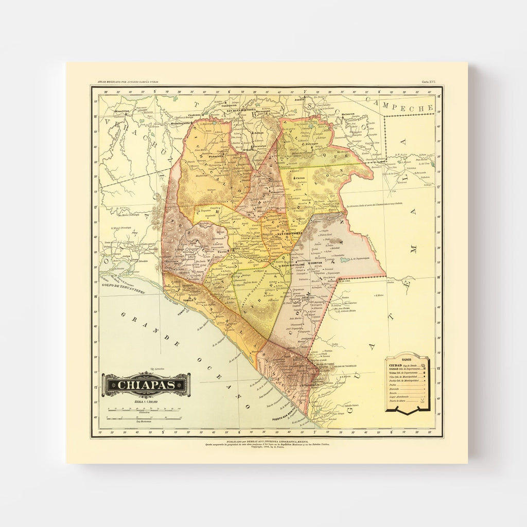 Vintage Map of Chiapas Mexico, 1886