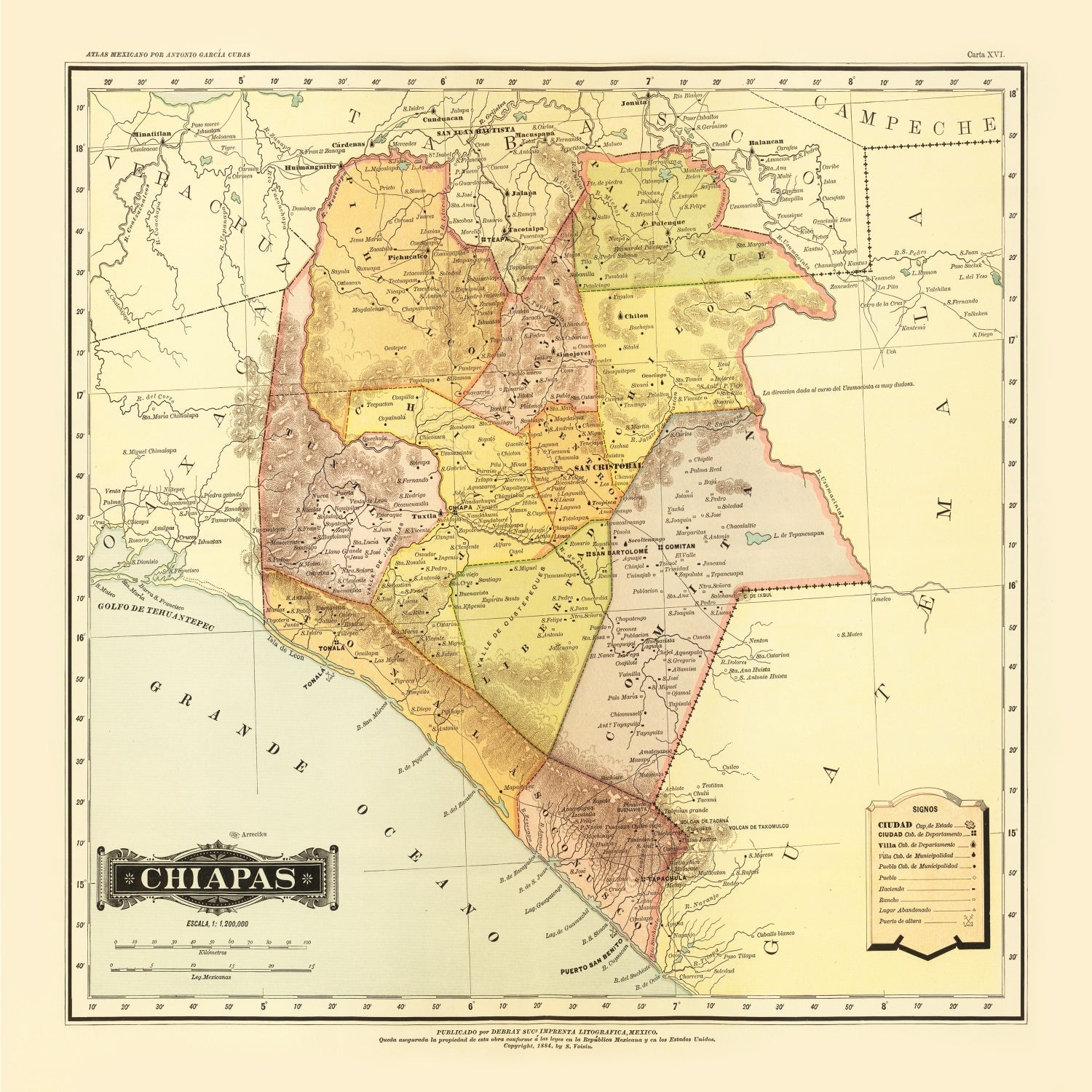 Vintage Map of Chiapas Mexico, 1886