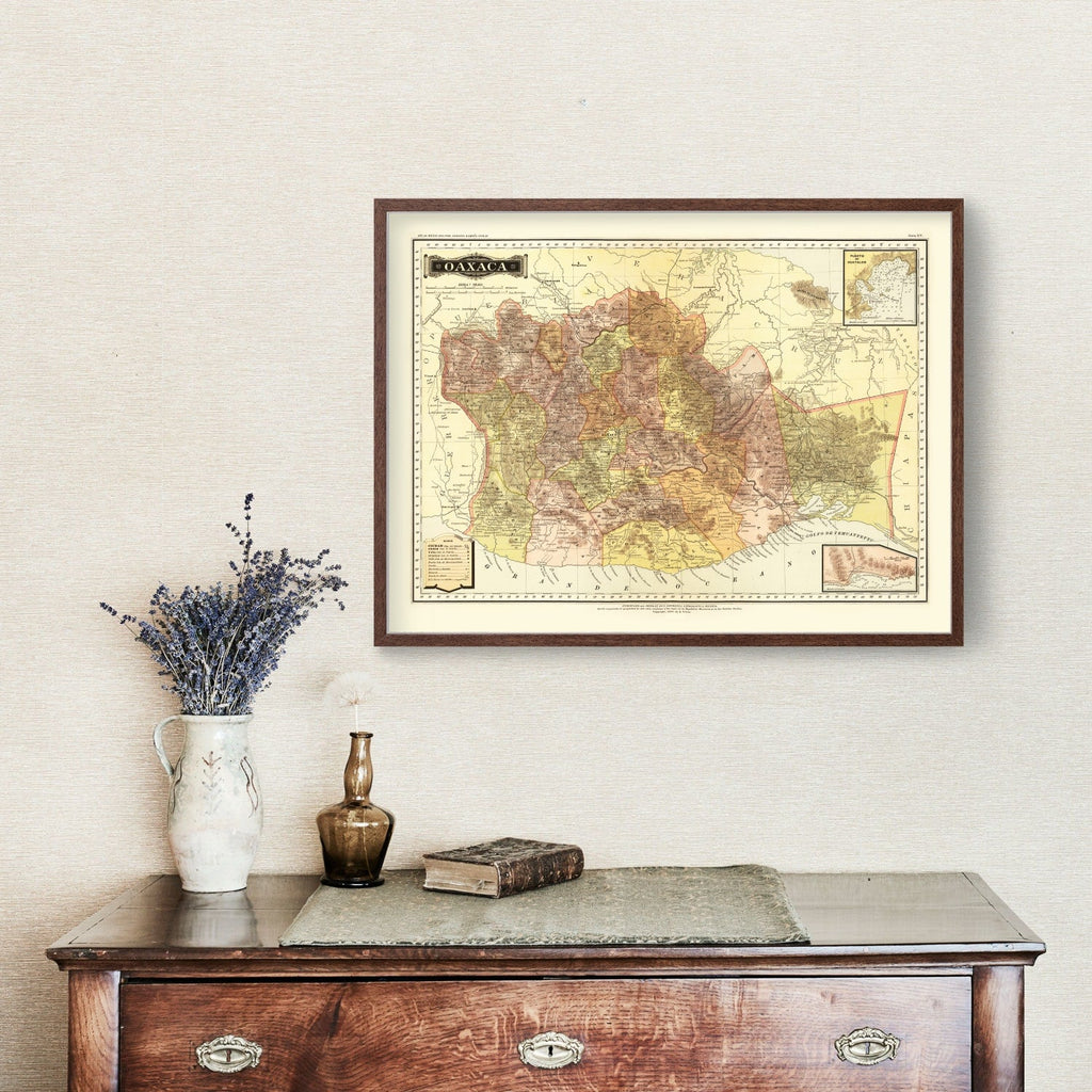 Vintage Map of Oaxaca Mexico, 1886