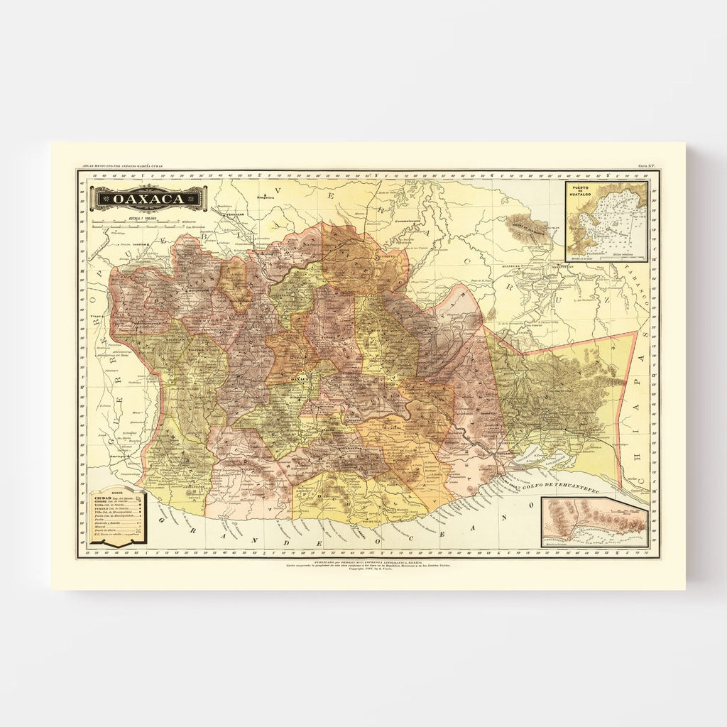 Vintage Map of Oaxaca Mexico, 1886