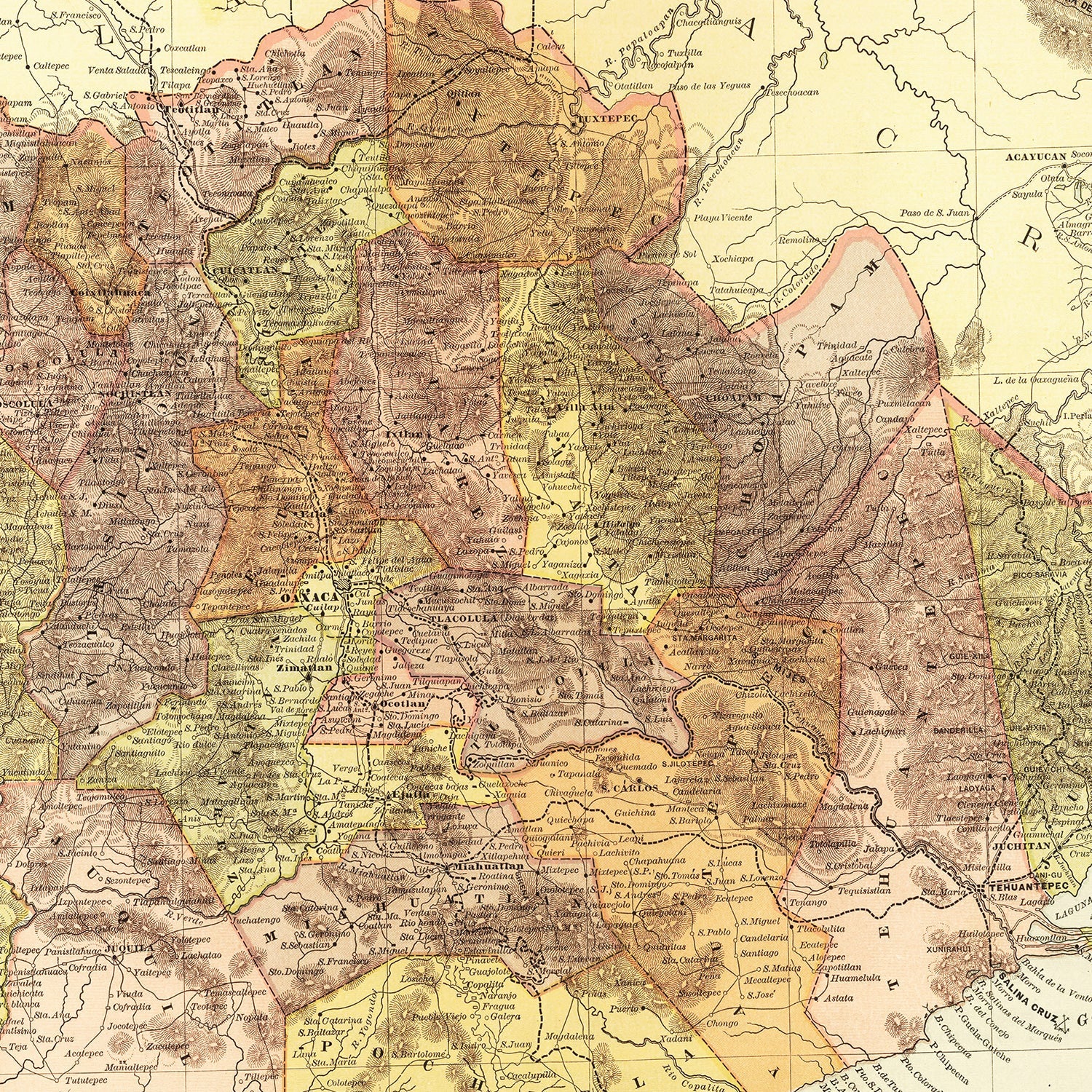 Vintage Map of Oaxaca Mexico, 1886