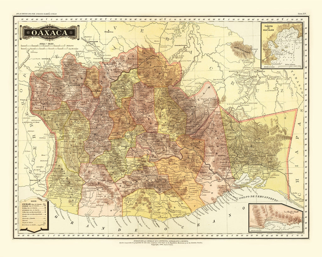 Vintage Map of Oaxaca Mexico, 1886