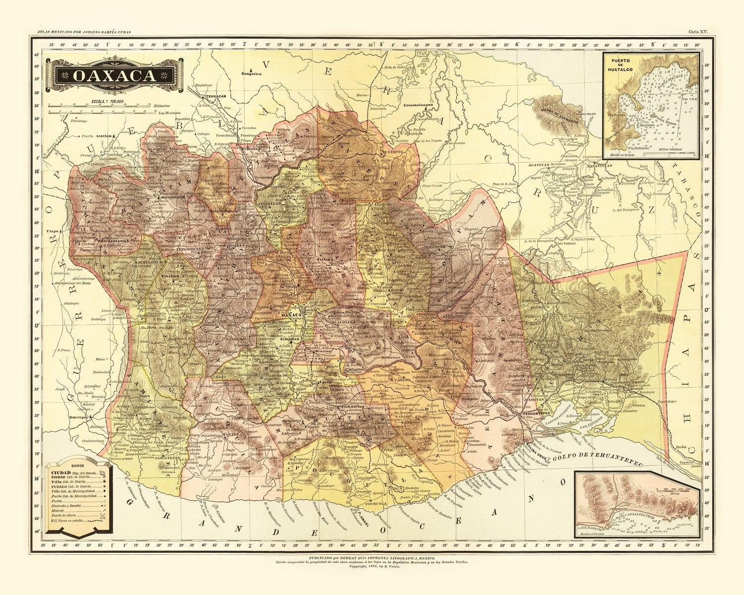 Vintage Map of Oaxaca Mexico, 1886
