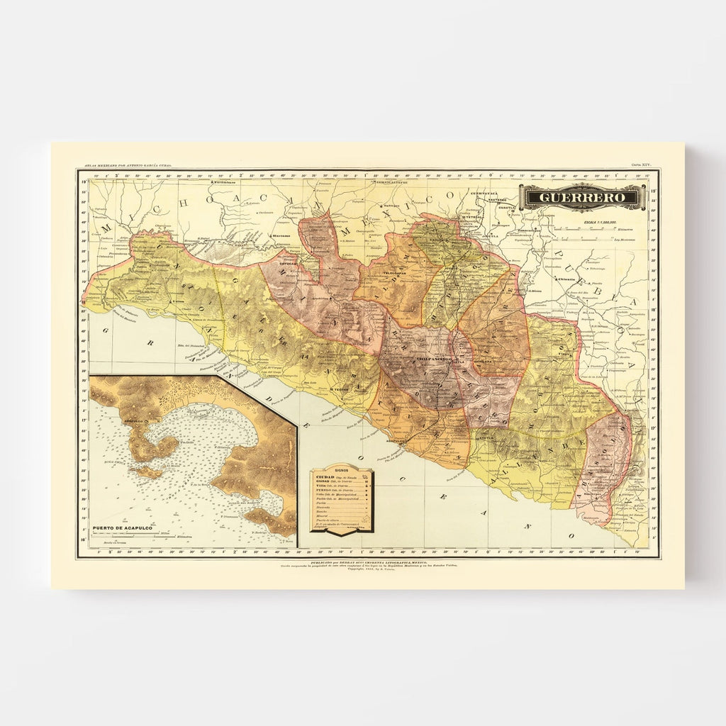 Vintage Map of Guerrero Mexico, 1886