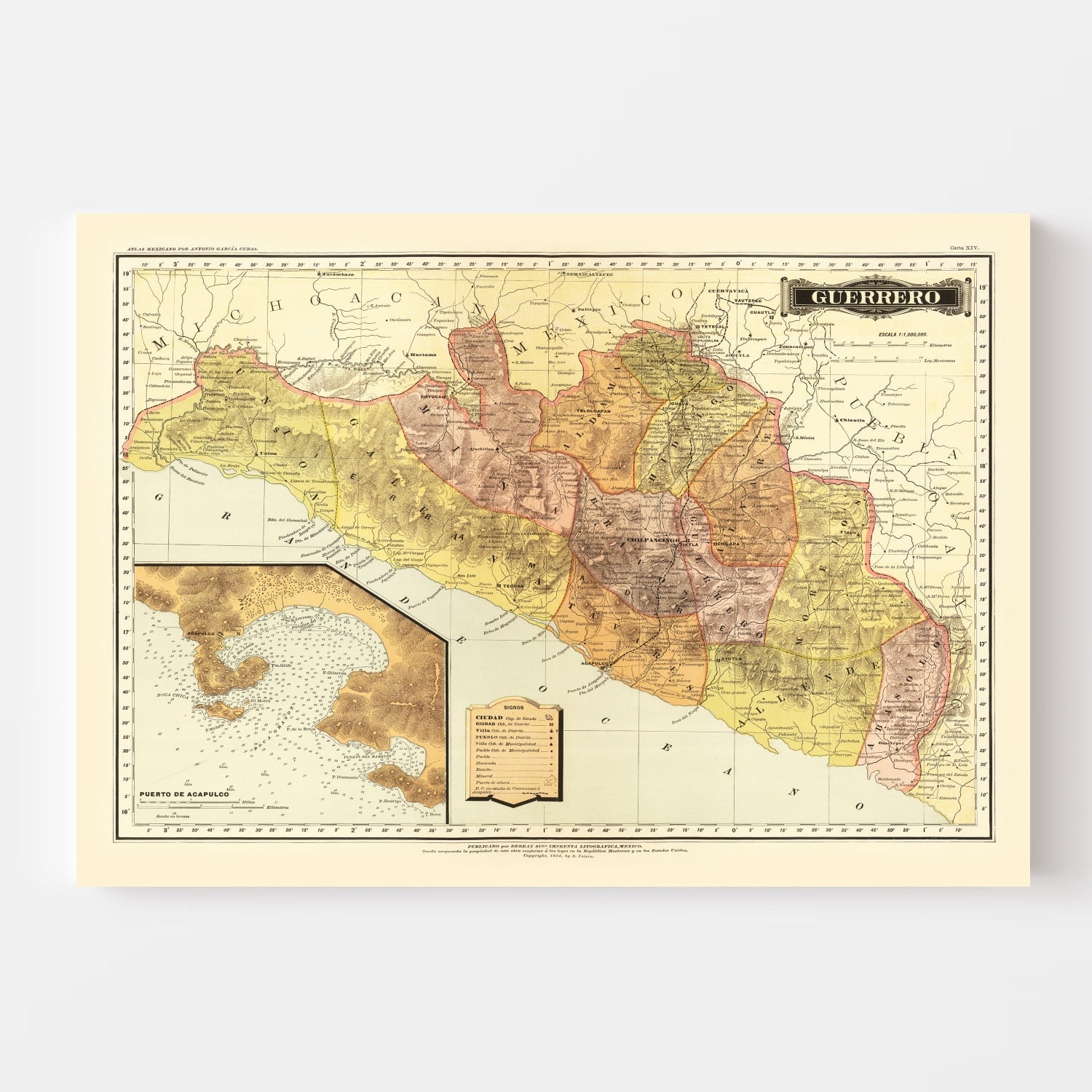 Vintage Map of Guerrero Mexico, 1886