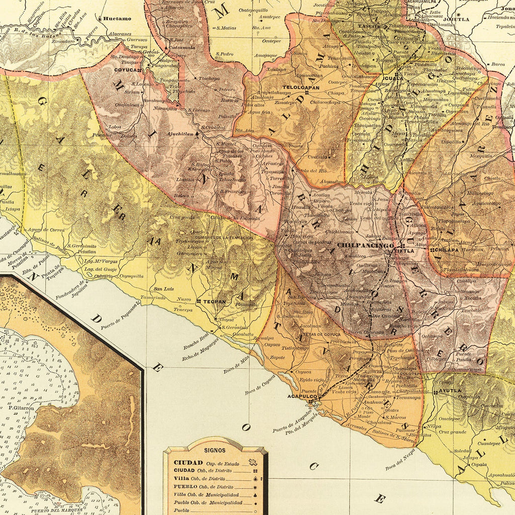 Vintage Map of Guerrero Mexico, 1886