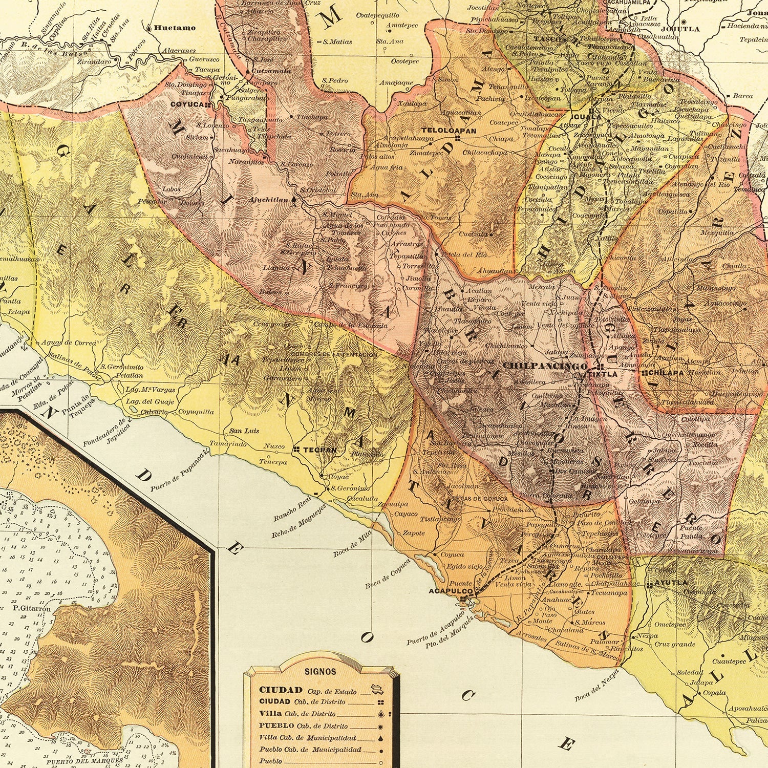 Vintage Map of Guerrero Mexico, 1886