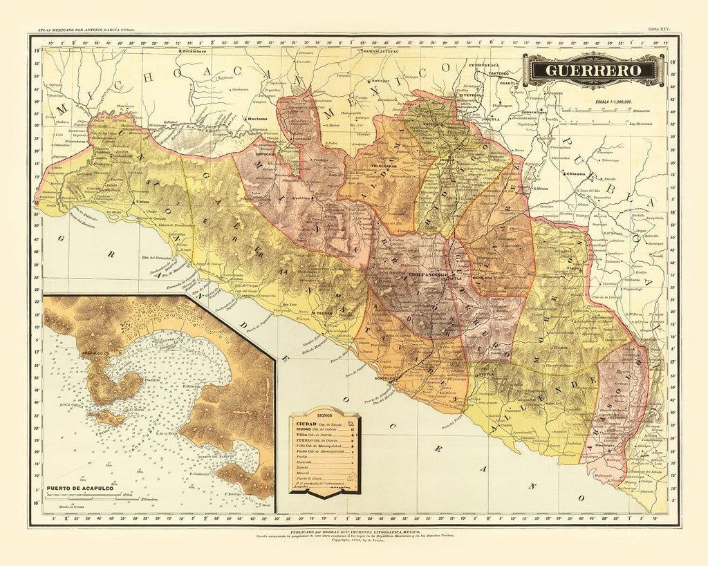 Vintage Map of Guerrero Mexico, 1886