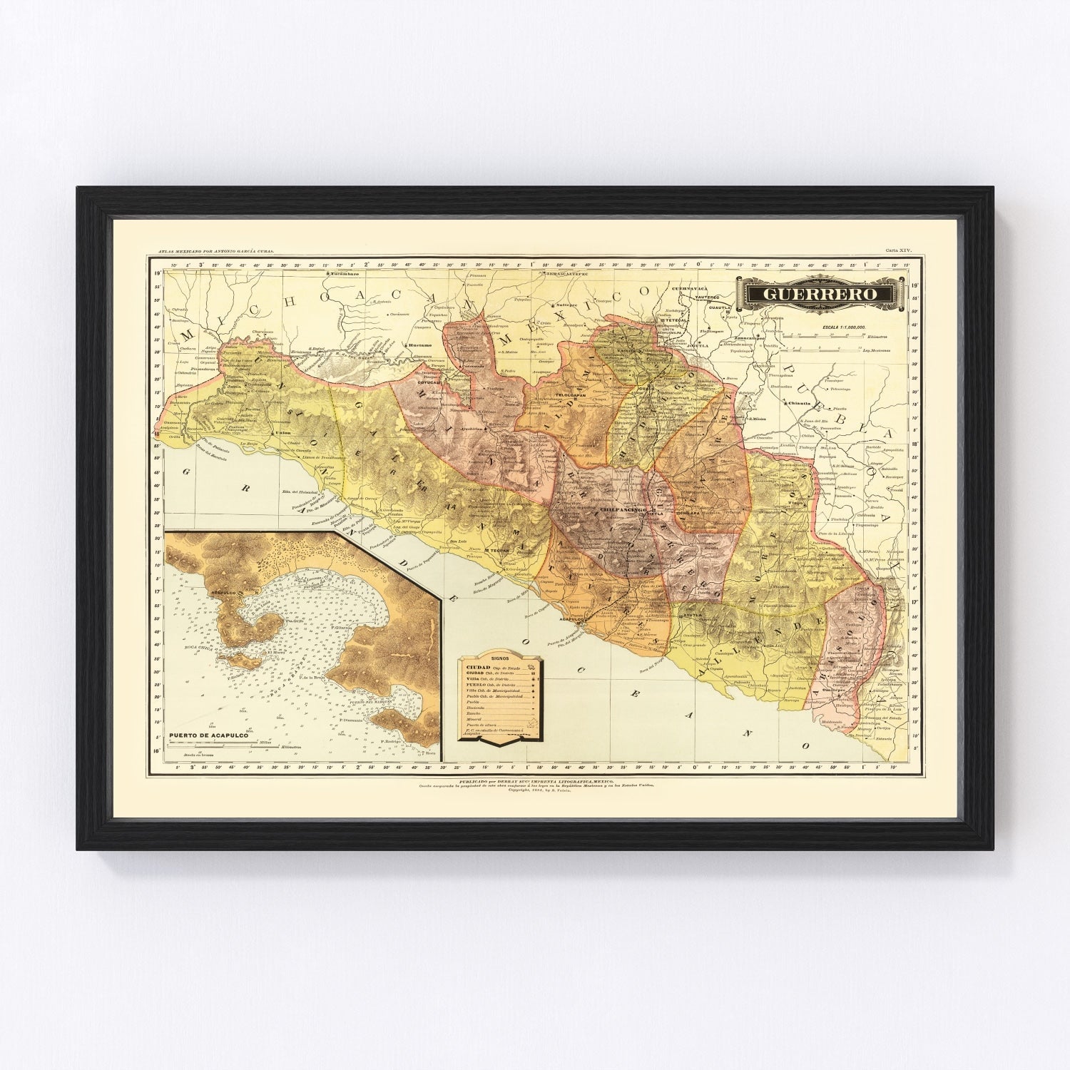 Vintage Map of Guerrero Mexico, 1886