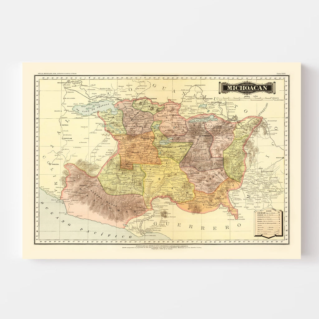Vintage Map of Michoacan Mexico, 1886