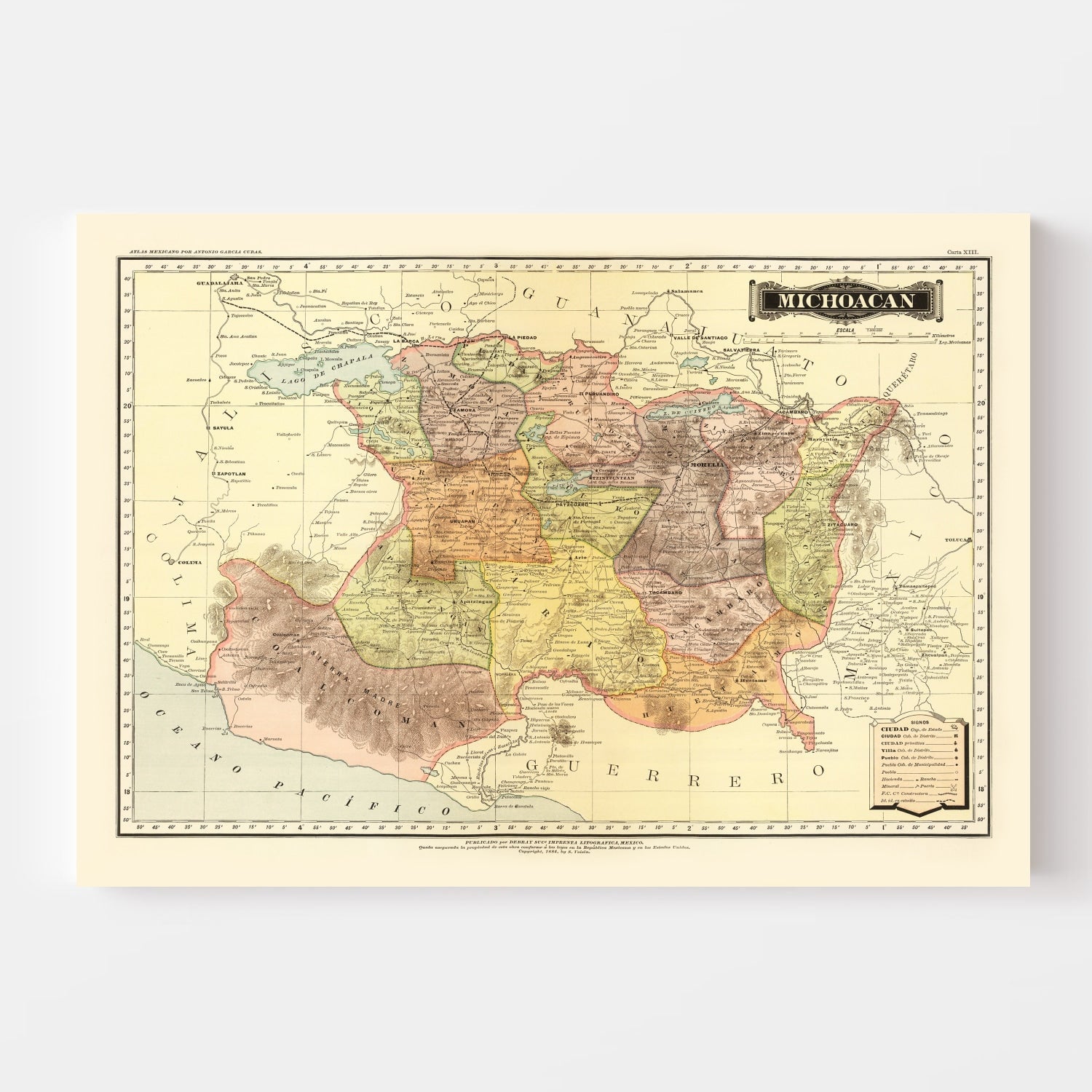 Vintage Map of Michoacan Mexico, 1886