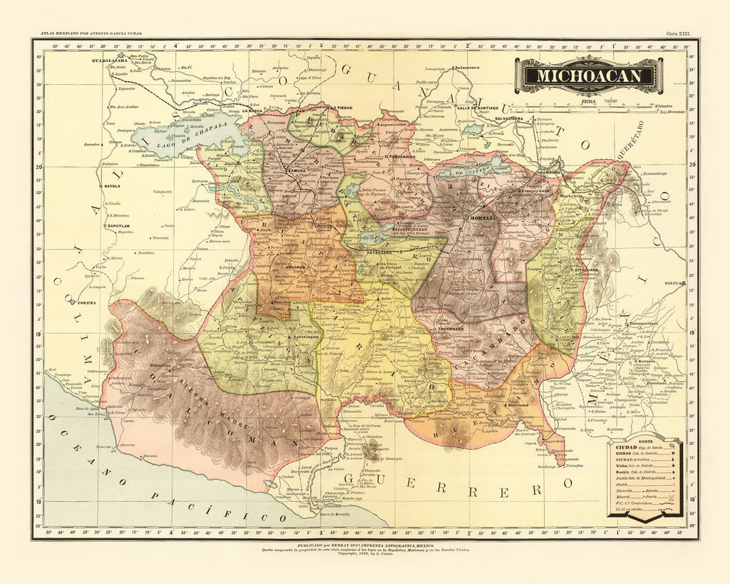 Vintage Map of Michoacan Mexico, 1886