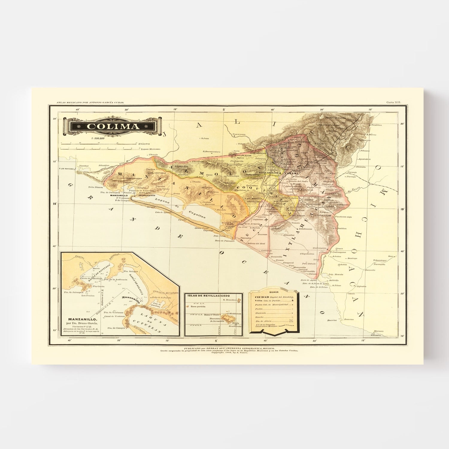 Vintage Map of Colima Mexico, 1886