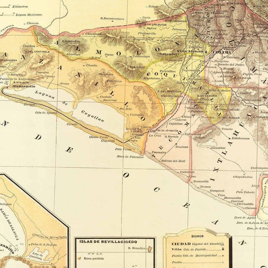Vintage Map of Colima Mexico, 1886