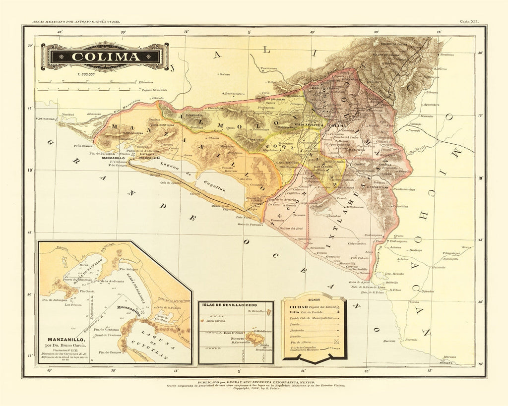 Vintage Map of Colima Mexico, 1886
